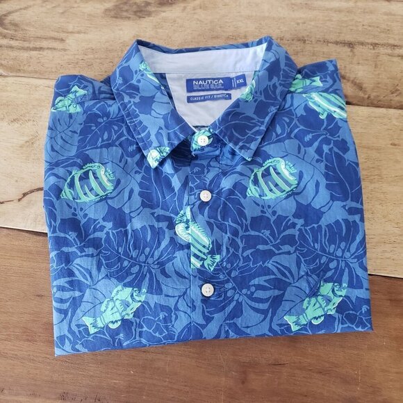 NWT Nautica Mens Classic Fit Stretch Button-Down Shirt XXL Blue Tropical Fish - Picture 5 of 10